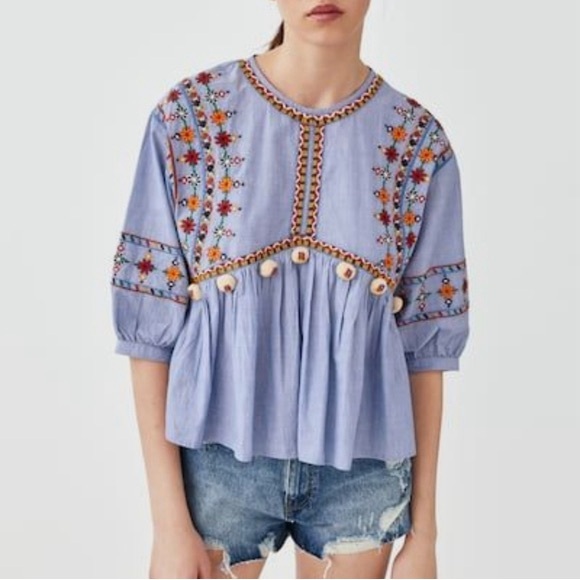 ZARA PUFF SLEEVE EMBROIDERED TOP - Picture 1 of 9